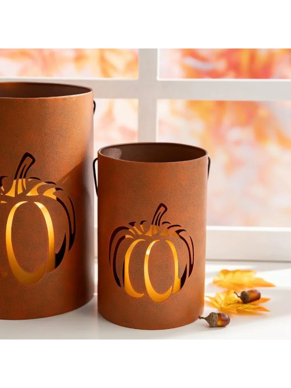 Halloween Pumpkin Lantern Candle Holders - 2 Pack Metal Decor for Porch